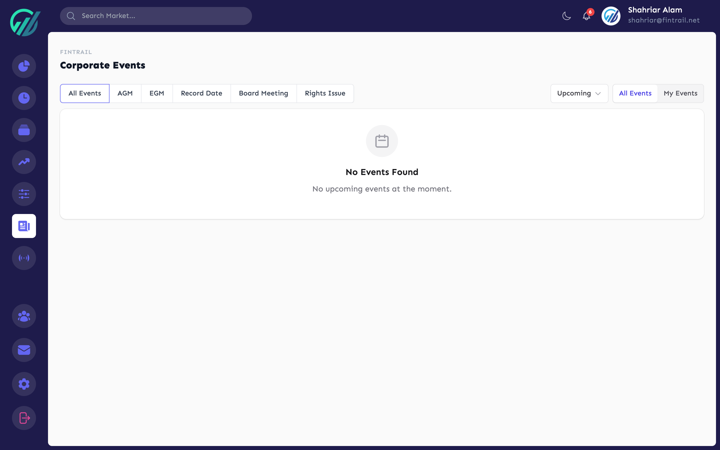 Events calendar with type filters and period selection