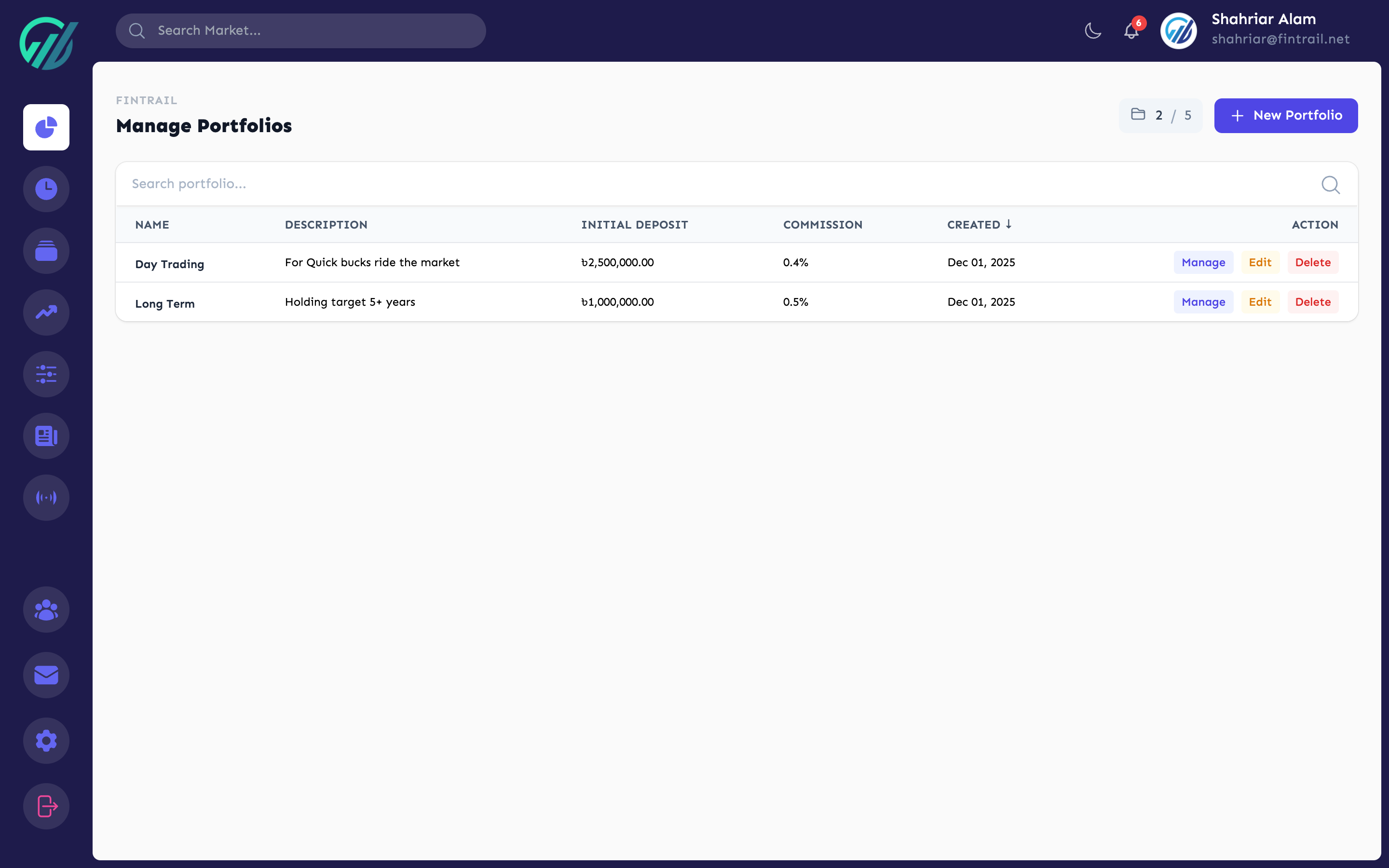 Manage Portfolios page showing portfolio list with create form
