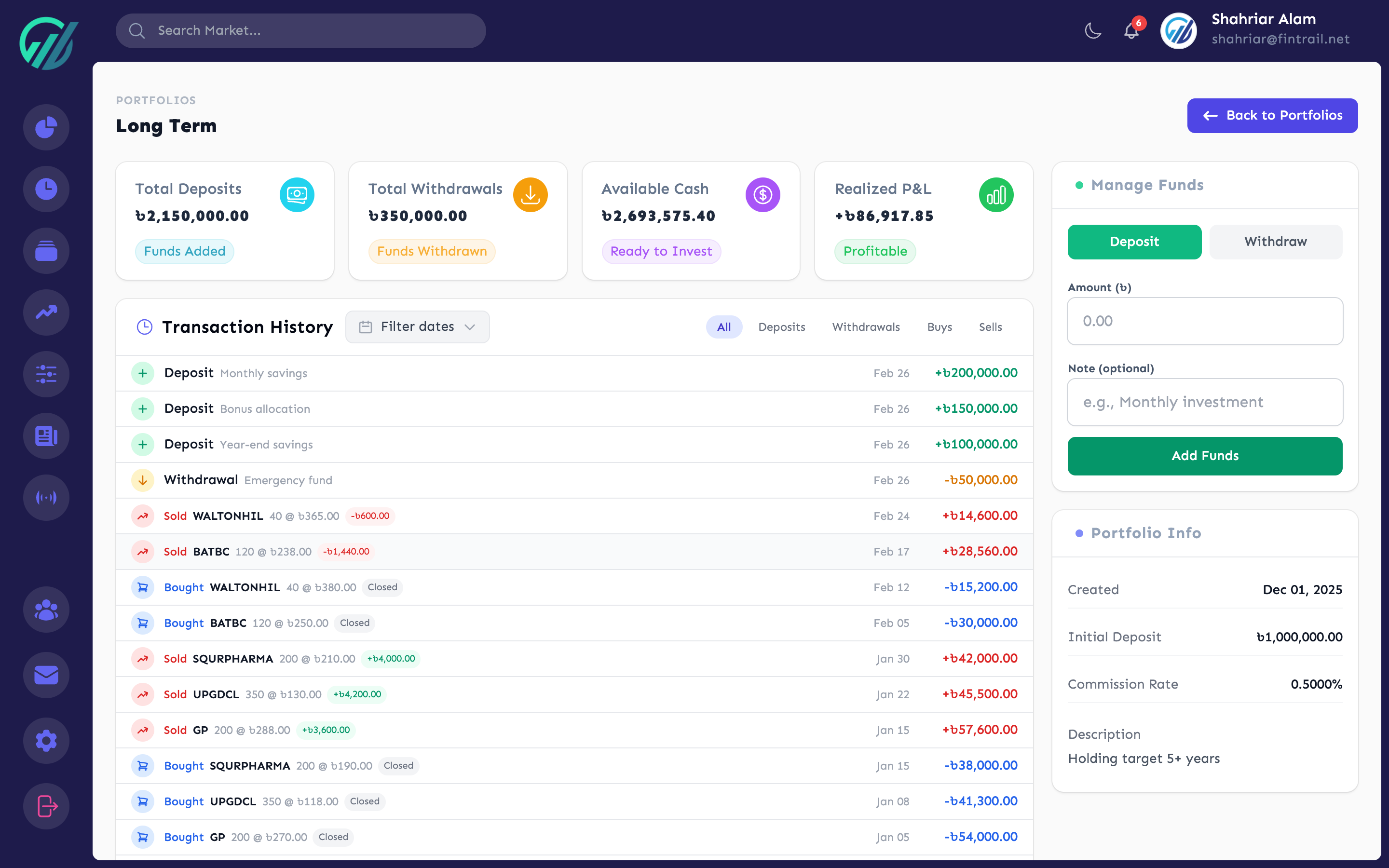 Portfolio details page showing fund management and transaction history